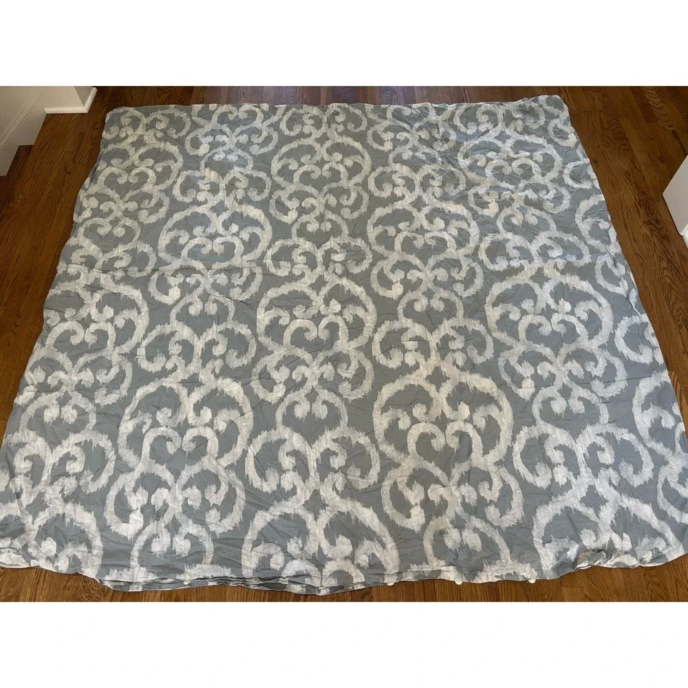 West Elm Grey Scroll Duvet Cover Full Queen 100% Organic Cotton Green Line
